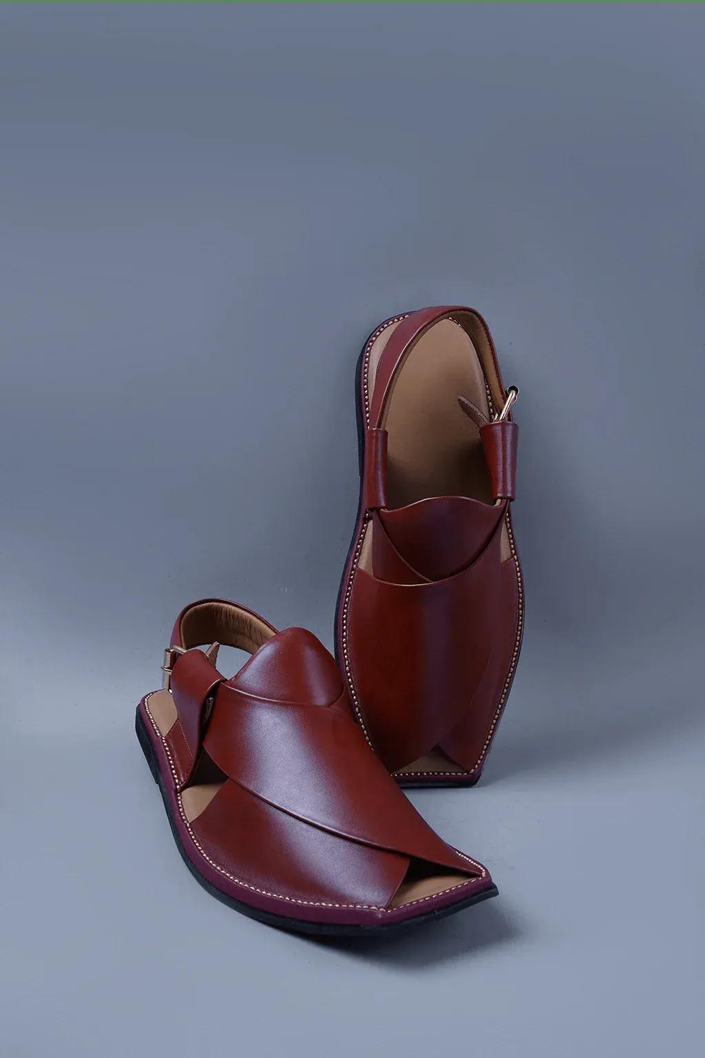 Glossy Cherry Brown Kaptaan Chappal With Signature Overlap Design and Square Teo
