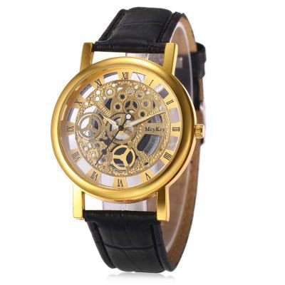 Stylish Leather Watch With Gold-tone Stainless Dial & Black Strap Without Box