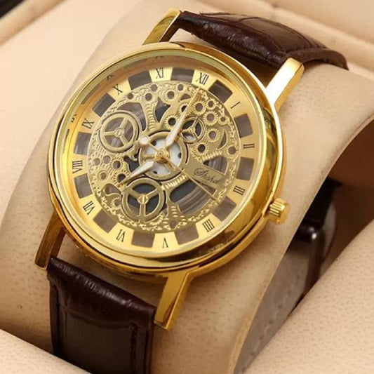 Stylish Leather Watch With Gold-tone Stainless Dial & Black Strap Without Box