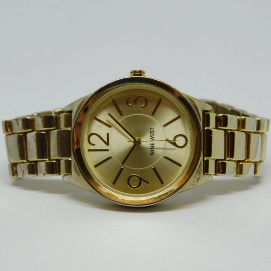 NINE WEST NW1662 Gold Tone Quartz Analog Women's Watch Sz. 6 1/2" New Battery