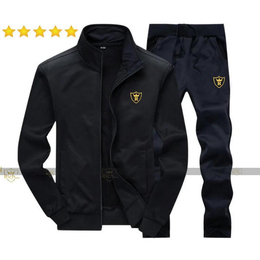 Mens Fleece Track Suit 2 Pcs Black Plain Collar design