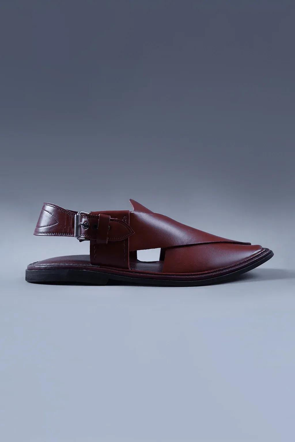 Glossy Cherry Brown Kaptaan Chappal With Signature Overlap Design and Square Teo
