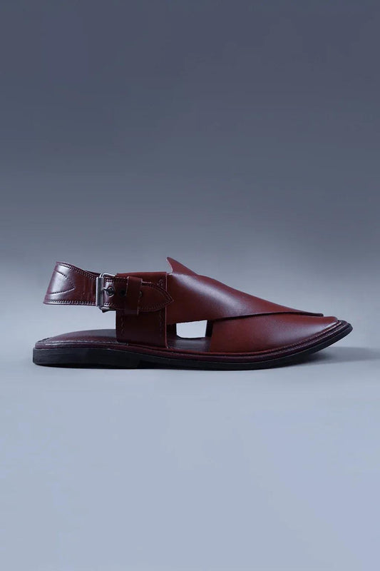 Glossy Cherry Brown Kaptaan Chappal With Signature Overlap Design and Square Teo