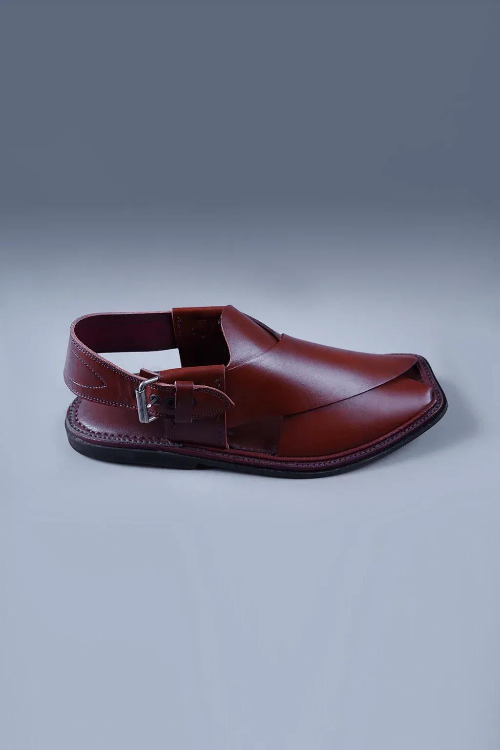 Glossy Cherry Brown Kaptaan Chappal With Signature Overlap Design and Square Teo