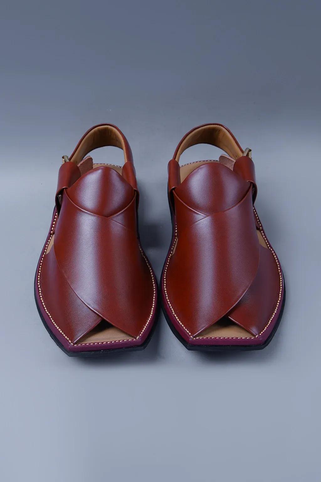 Glossy Cherry Brown Kaptaan Chappal With Signature Overlap Design and Square Teo