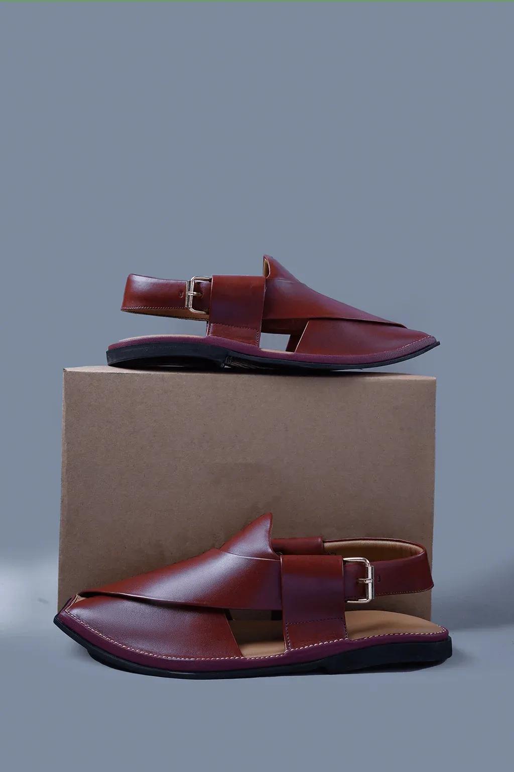 Glossy Cherry Brown Kaptaan Chappal With Signature Overlap Design and Square Teo